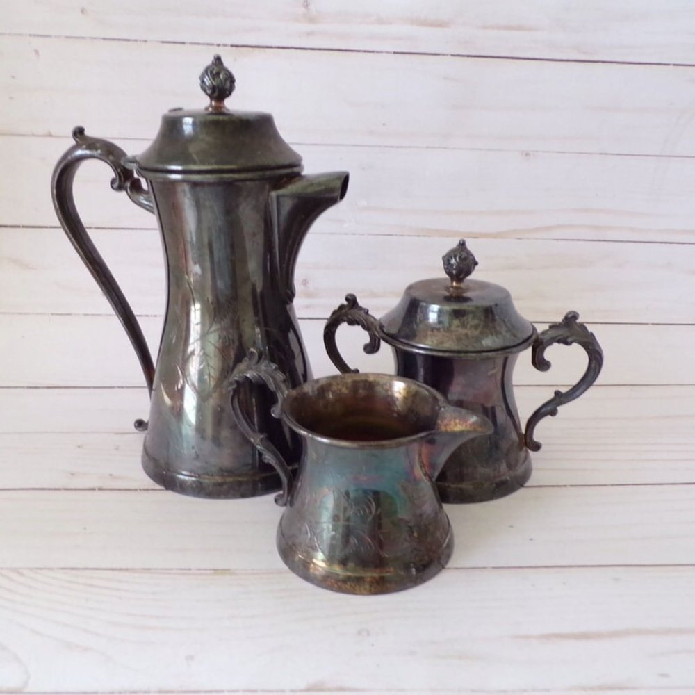 Antique Silver Plate P.S.Co 3105 Sheffield Lidded Choc Pot, Sugar/Creamer Set